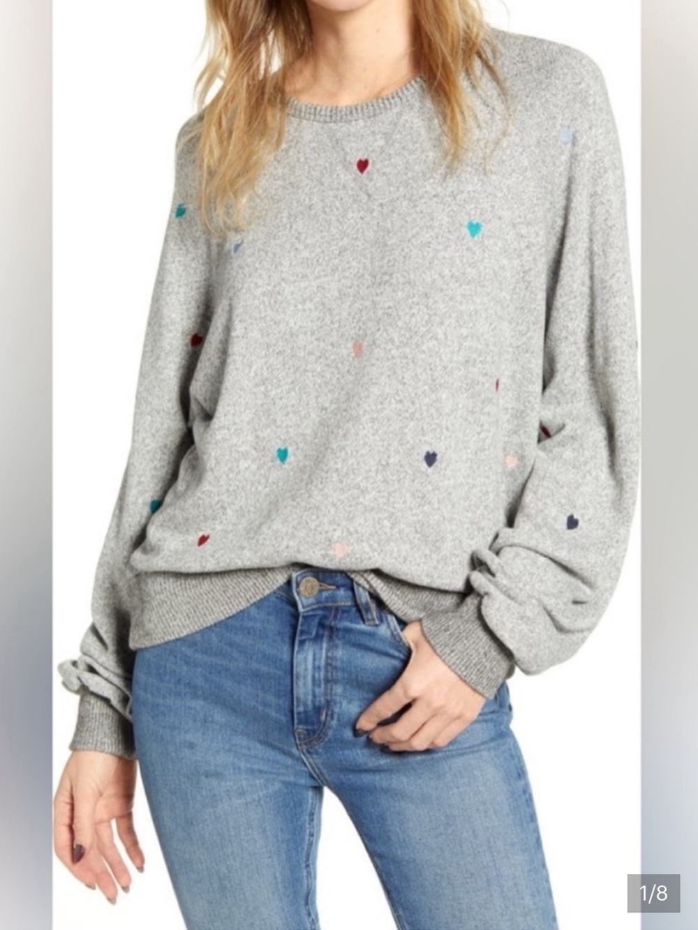Rails Gray Mika Crewneck Sweater with Multicolor Heart Embroidery size XS